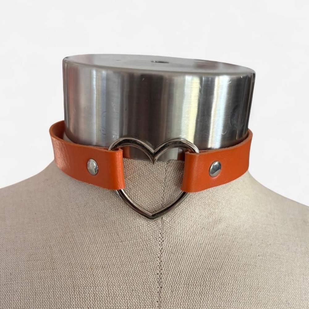 Orange Faux Leather Heart O Ring Choker Button Clasp Adjustable Length 15in
